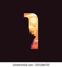 Number 1 logo icon with cliff and sunset. Vector illustration, eps 10.
