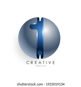 Number 1 logo template in blue gray circle 3d design for business and corporate identity