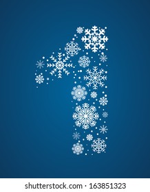 Number 1 made from frosty snowflakes, vector font
