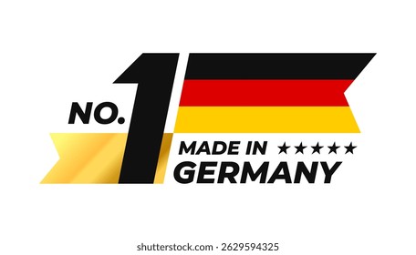 Number 1 made in Germany sign badge vector design. Label with German flag and stars symbol in the form of a gold ribbon