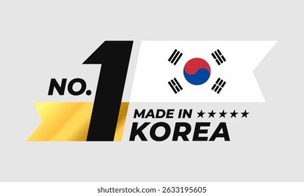 Número 1 feito na Coreia assinatura emblema vetor design. Etiqueta com bandeira coreana e símbolo de estrelas na forma de uma fita de ouro