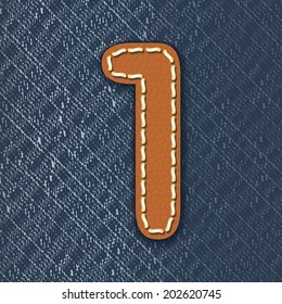 Número 1 hecho de cuero sobre fondo jeans - ilustración vectorial