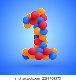 Number 1 made from multicolored festive balloons. Vector illustration