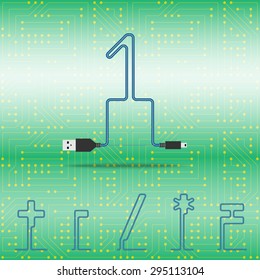 Number 1 and mathematical symbols laid cable. USB blue cable, vector illustration. Background microchip