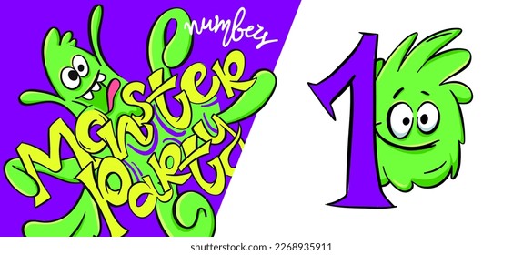 Number 1 from the Monster party numbers, funny cartoon style. One with cute green monster behind them for children, kindergarten, school, education, home party decor illustration
