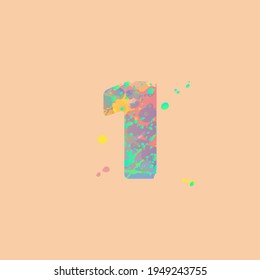 Number 1 with multicolored mixed spots of pink, yellow, blue, turquoise paint on peach background. Design for banners, flyers, tags, decorations, poster or invitation.