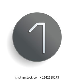 Number 1, numeral, one. White paper symbol on gray round button or badge with shadow