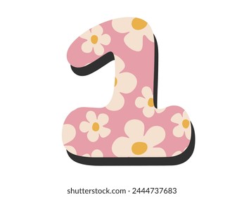 Number 1 on a transparent background.Number one with daisy flowers.Groovy retro trendy style y2k.Numbers for printing for birthday,anniversary celebration.Vector illustration EPS10