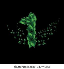 Number 1 (one), alphabet of green leaves on black background