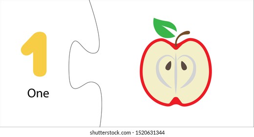 Number 1 and one apple. Children's math with numbers and fruits and berries. Account for preschoolers, toddlers, children. Puzzle game, collection