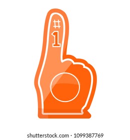 Number 1 (one) fan hand glove with finger raised. Flat cartoons style vector illustration icons isolated on white. Orange number 1 fan hand in glove. Fan accessories. Basketball, soccer, football, fan