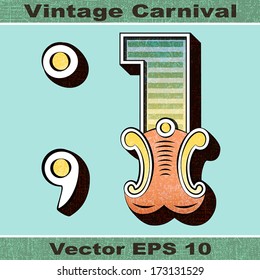 The Number 1, One, Full Stop, Period, Comma of an Alphabet Sit of Vintage, Carnival, Circus, Funfair, Fishtail Letters and Numbers.