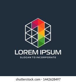 Number 1 one and hexagon logo design, with colorful triangle pixel , technology digital concept - Vector