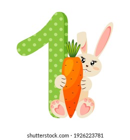 Number 1 one for kids. Learn to count with funny bunny. Vector illustration.