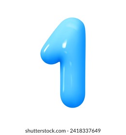 Number 1. One Number sign blue color. Realistic 3d design in cartoon balloon style. Isolated on white background. vector illustration