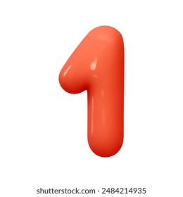 Número 1. Signo de un número de color rojo. Diseño 3D realista en estilo globo de dibujos animados. Aislado sobre fondo blanco. Ilustración vectorial