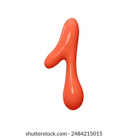 Número 1. Signo de un número de color rojo. Diseño 3d realista en estilo de pintura líquida de dibujos animados. Aislado sobre fondo blanco. Ilustración vectorial