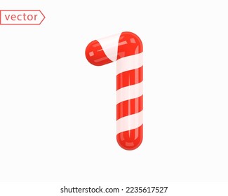 Number 1. Number One sign white intertwined with red ribbon. 3d Numeral as Candy Cane in cartoon style. Realistic glossy object isolated on white background. 3D symbol icon vector illustration