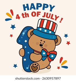 Number 1 One with Teddy Bear wear Uncle Sam Hat 4th of July Happy Independence Day Kawaii animal Patriotic dress Flat illustration