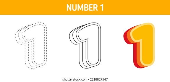 Number 1 Orange, tracing and coloring worksheet for kids