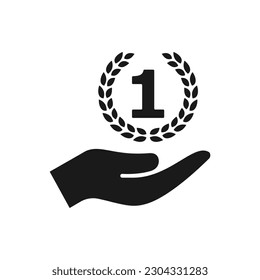Number 1 place badge on hand flat icon isolated on white background. Vector illustration