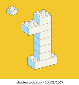 Number 1 from Plastic building blocks. Colored bricks isolated on white background. Vector 3d illustration.