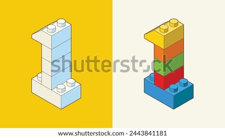 Number 1 from Plastic building blocks. Colored bricks isolated on white background. Vector 3d illustration.