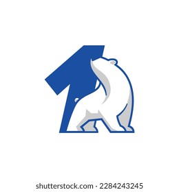 Number 1 with polar bear logo design template. Creative vector symbol.