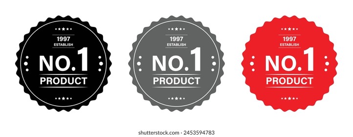 Number 1 product logo set in rounded zig zag style with stars in black, grey and red color. No 1 product logo template stamp set in circle with stars. Vector logo