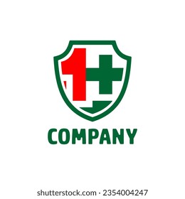 Number 1 and red cross logo on a shield. Suitable for businesses in sports and technology.