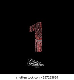 Number 1 of red and silver glitters. Typographic vector element for design. Part of curly textured alphabet with shiny paillettes. Digit one with diffusion glitter swirly pattern. Vector illustration