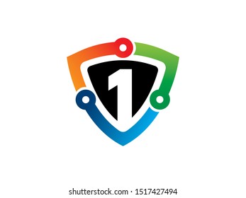 Number 1 shield technology logo or symbol template design
