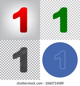 Number 1 sign design template element. Vector. 4 styles. Red gradient in radial lighted background, green flat and gray scribble icons on transparent and linear one in blue circle.