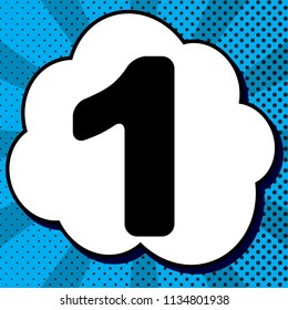 Number 1 sign design template element. Vector. Black icon in bubble on blue pop-art background with rays.