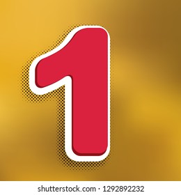 Elemento de Plantilla de diseño de letrero número 1. Vector. Icono magenta con sombra más oscura, etiqueta engomada blanca y sombra de popart negro sobre fondo dorado.