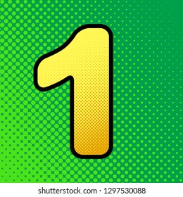 Number 1 sign design template element. Vector. Pop art orange to yellow dots-gradient icon with black contour at greenish background.