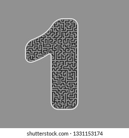 Number 1 sign design template element. Vector. Black maze filled icon with white border at gray background.