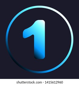 Number 1 sign design template element. White, cyan and blue gradient icon as round button in white shell at dark blue background. Illustration.