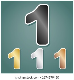 Vorlagenelement Nummer 1 signiert. Satz von metallischen Symbolen mit grauem, goldenem, silbernem und bronzem Farbverlauf mit weißer Kontur und Schatten auf viridfarbenem Hintergrund. Illustration.