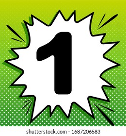 Number 1 sign design template element. Black Icon on white popart Splash at green background with white spots. Illustration.