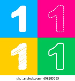 Number 1 sign design template element. Four styles of icon on four color squares.