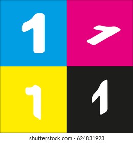 Number 1 sign design template element. Vector. White icon with isometric projections on cyan, magenta, yellow and black backgrounds.