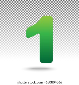 Number 1 sign design template element. Vector. Green gradient icon with shadow at bottom on transparent and white background.