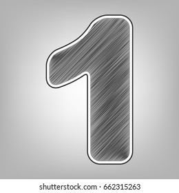 Number 1 sign design template element. Vector. Pencil sketch imitation. Dark gray scribble icon with dark gray outer contour at gray background.