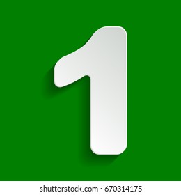 Number 1 sign design template element. Vector. Paper whitish icon with soft shadow on green background.