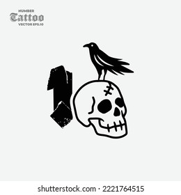 The number 1 with a skull head on it has a black crow, black and white style