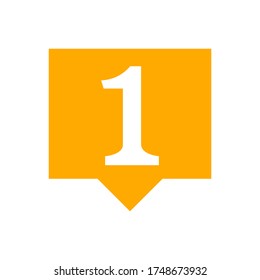 number 1 in speech bubble orange, flat currency symbol one 1 money, first symbol with square shape, 1st symbol for success or quality, icon one for winner, simple number one button, vector