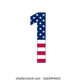 Number 1 with stars and stripes. American flag lettering font.
Vector USA national flag style with number 1.
Patriotic american element.  For poster, card, banner and background. 