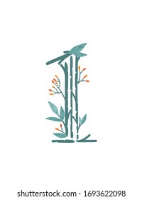 Ramas de árboles de estilo número 1 con hojas y bayas flores botánicas diseño de arte floral ilustración vectorial plana