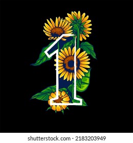 Number 1 With Summer Themed Sunflower Illustration